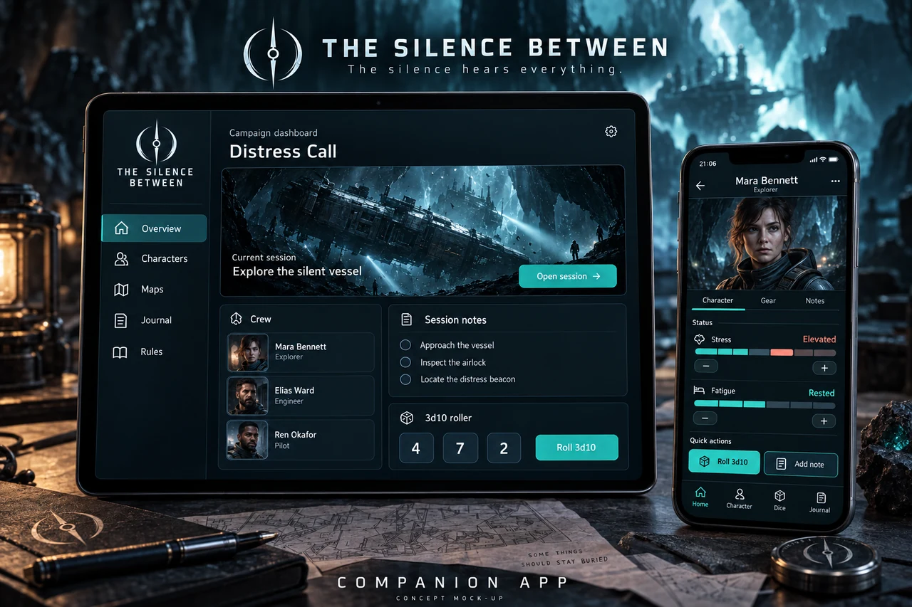 Concept presentation of the companion app for The Silence Between on a tablet and phone.